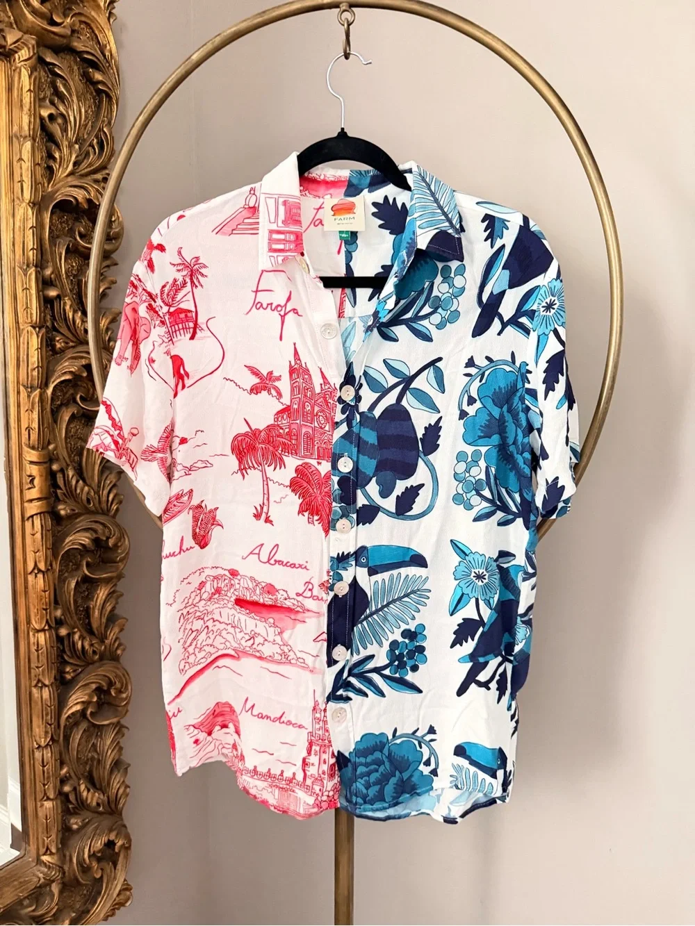 FARM Rio Two-Tone Red & Blue Tropical Button-Down Shirt - Picture 1 of 5